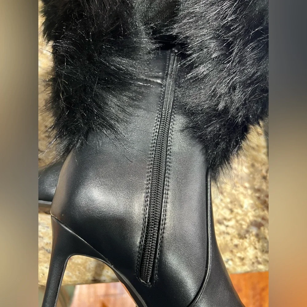 AZALEA WANG Langleye Black Faux Fur Over The Knee Stiletto Boots 6.5